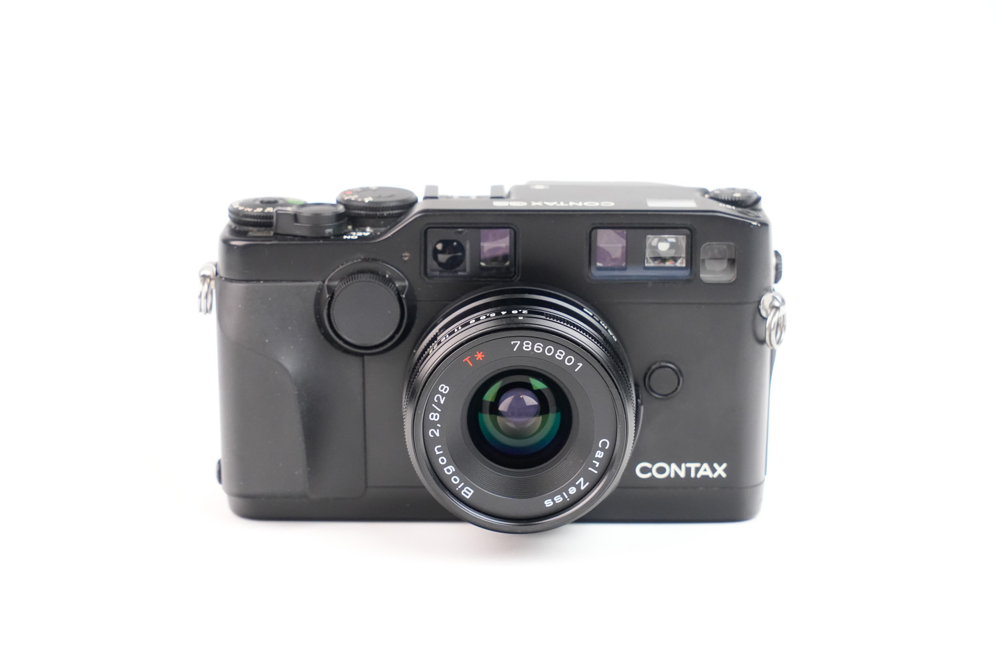 Appareil photo Contax G2 noir avec 28mm et 90mm.